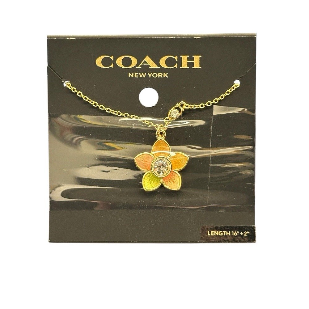 Coach New York Transparent Wild Flower Necklace NWT Gold Tone Jewelry Women's